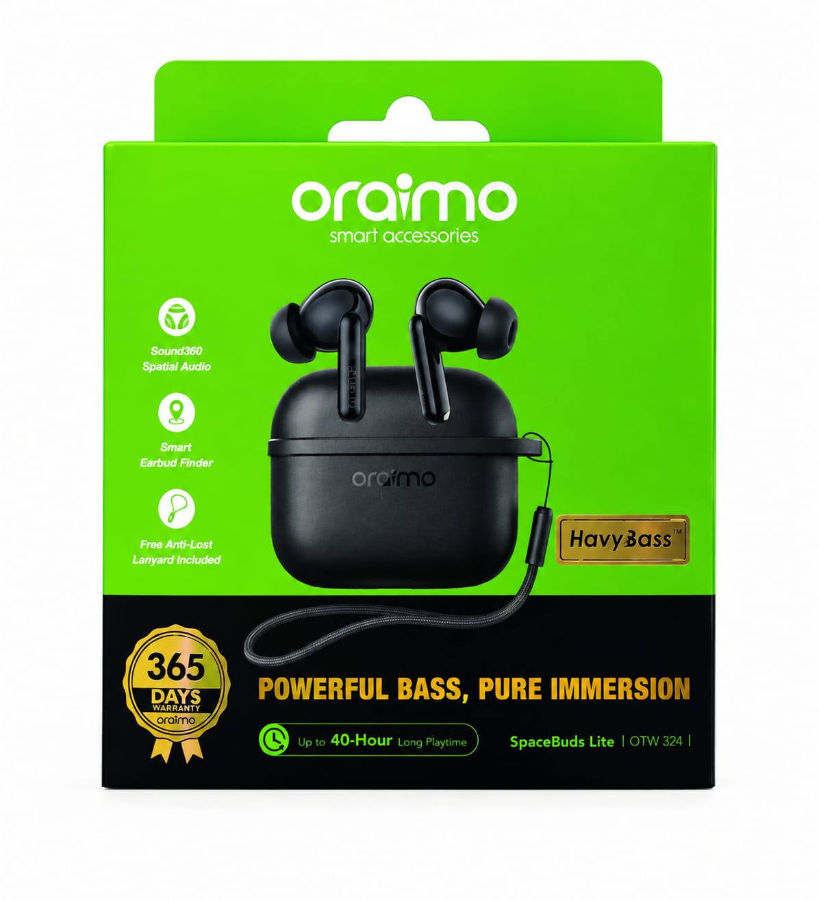 oraimo SpaceBuds Lite OTW-324 Wireless Earbuds – 40H Playtime, Sound360, AI Call Noise Cancellation
